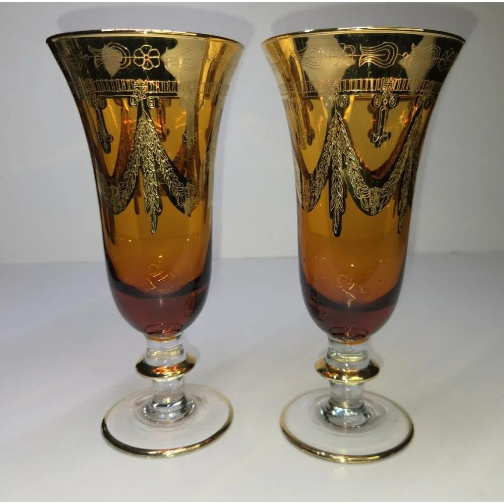 Pair Of Arte Italica Medici Amber Gold Champagne Flutes Goblets Glasses 7.5